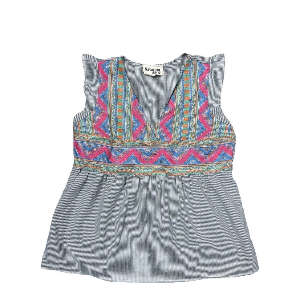 Savanna Jane Top Womens M Blue Embroidered Boho Peasant Hippie Fiesta Flutter